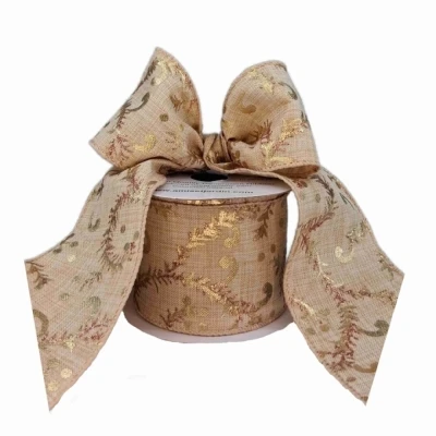 Stuha jutová s drátkem béžovo - zlatá vánoční 9.1 m