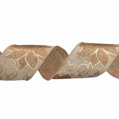 Stuha jutová s drátkem béžovo - zlatá vánoční 9.1 m