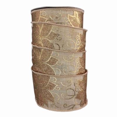 Stuha jutová s drátkem béžovo - zlatá vánoční 9.1 m