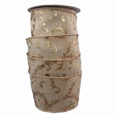 Stuha jutová s drátkem béžovo - zlatá vánoční 9.1 m