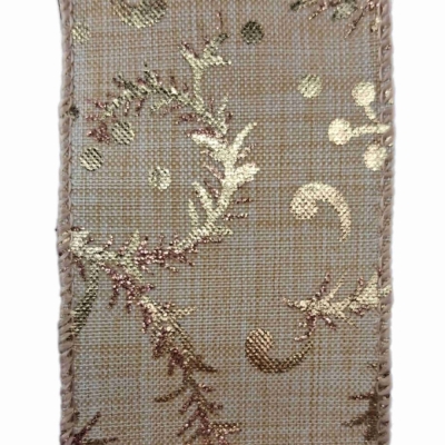 Stuha jutová s drátkem béžovo - zlatá vánoční 9.1 m