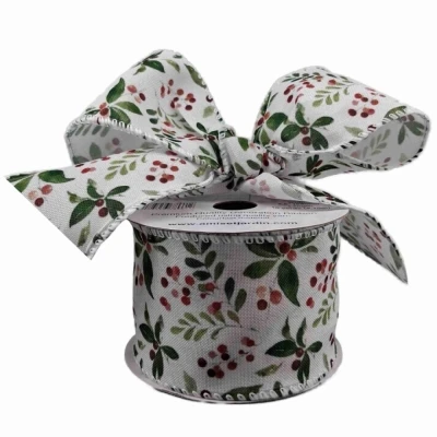 Stuha jutová s drátkem bílá vánoční větvičky s bobulkami 9.1 m