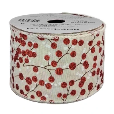 Stuha jutová s drátkem bílá zimní větvičky s bobulkami 9.1 m