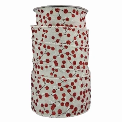 Stuha jutová s drátkem bílá zimní větvičky s bobulkami 9.1 m