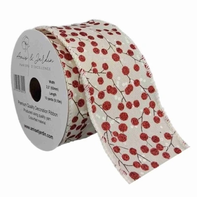 Stuha jutová s drátkem bílá zimní větvičky s bobulkami 9.1 m