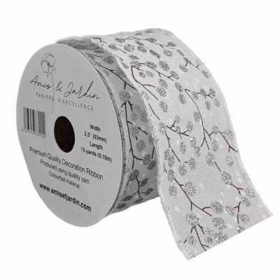 Stuha jutová s drátkem bílá zimní větvičky s bobulkami 9.1 m