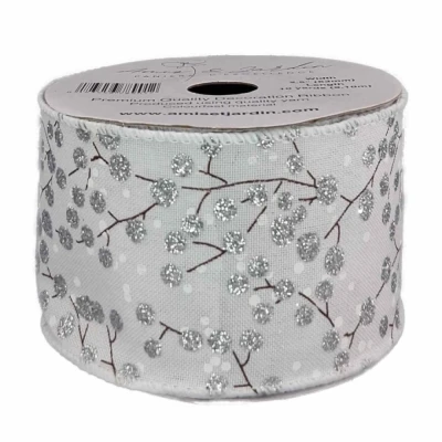 Stuha jutová s drátkem bílá zimní větvičky s bobulkami 9.1 m