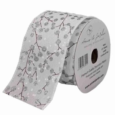 Stuha jutová s drátkem bílá zimní větvičky s bobulkami 9.1 m