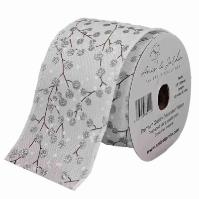 Stuha jutová s drátkem bílá zimní větvičky s bobulkami 9.1 m