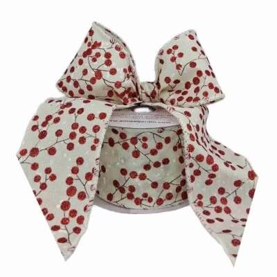 Stuha jutová s drátkem bílá zimní větvičky s bobulkami 9.1 m