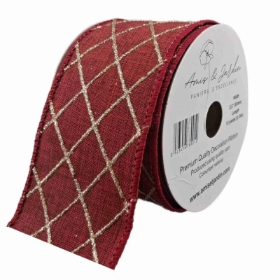 Stuha jutová s drátkem červená vánoční mřížka 9.1 m