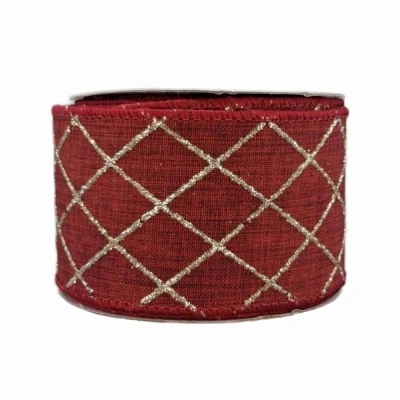 Stuha jutová s drátkem červená vánoční mřížka 9.1 m