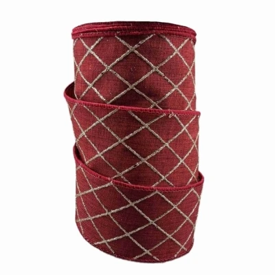 Stuha jutová s drátkem červená vánoční mřížka 9.1 m