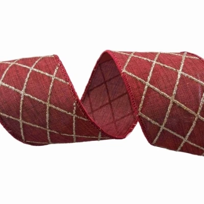 Stuha jutová s drátkem červená vánoční mřížka 9.1 m