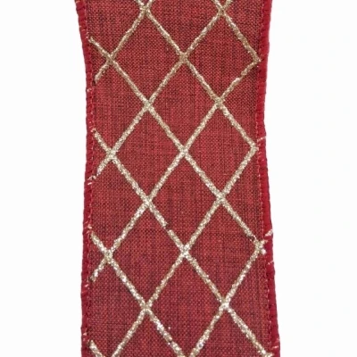 Stuha jutová s drátkem červená vánoční mřížka 9.1 m