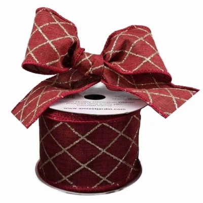 Stuha jutová s drátkem červená vánoční mřížka 9.1 m