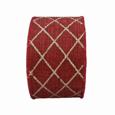 Stuha jutová s drátkem červená vánoční mřížka 9.1 m