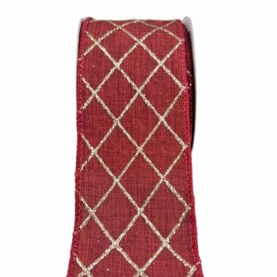 Stuha jutová s drátkem červená vánoční mřížka 9.1 m