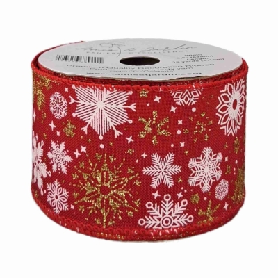 Stuha jutová s drátkem červená vánoční sněhové vločky 9.1 m