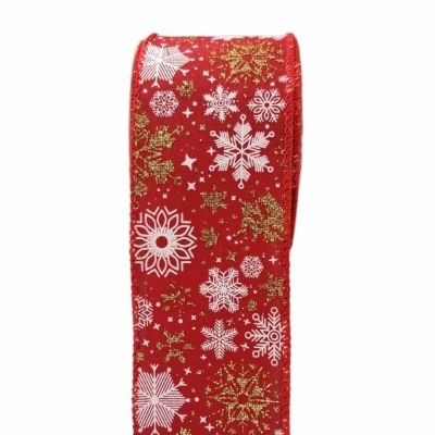 Stuha jutová s drátkem červená vánoční sněhové vločky 9.1 m