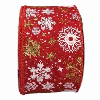 Stuha jutová s drátkem červená vánoční sněhové vločky 9.1 m