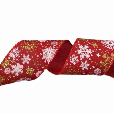 Stuha jutová s drátkem červená vánoční sněhové vločky 9.1 m