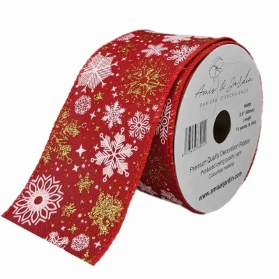 Stuha jutová s drátkem červená vánoční sněhové vločky 9.1 m