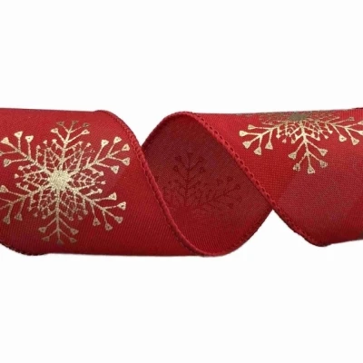 Stuha jutová s drátkem červená vánoční sněhové vločky 9.1 m