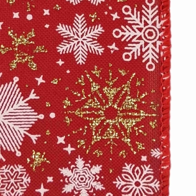 Stuha jutová s drátkem červená vánoční sněhové vločky 9.1 m