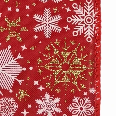 Stuha jutová s drátkem červená vánoční sněhové vločky 9.1 m