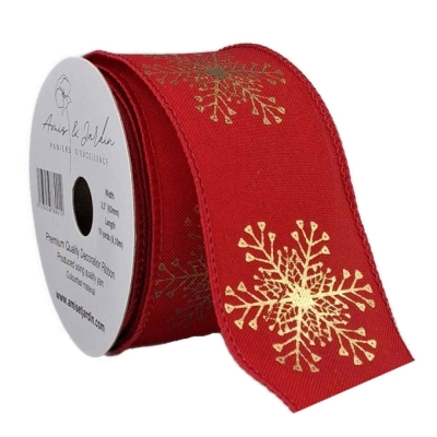 Stuha jutová s drátkem červená vánoční sněhové vločky 9.1 m