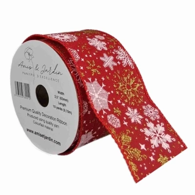 Stuha jutová s drátkem červená vánoční sněhové vločky 9.1 m