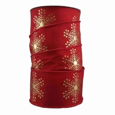 Stuha jutová s drátkem červená vánoční sněhové vločky 9.1 m