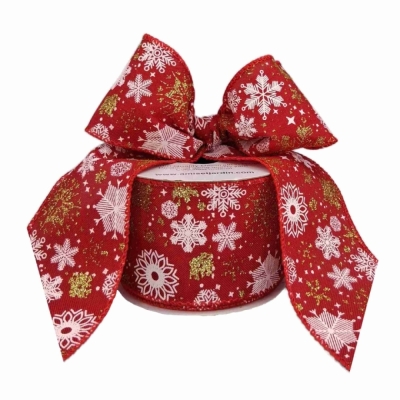 Stuha jutová s drátkem červená vánoční sněhové vločky 9.1 m