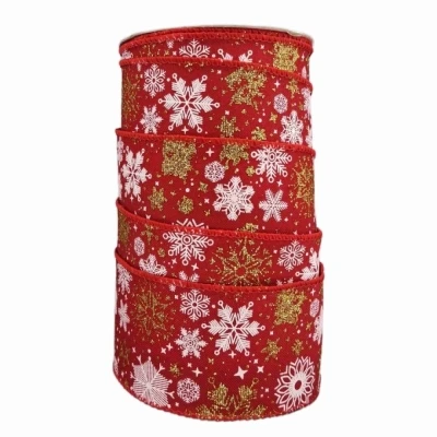 Stuha jutová s drátkem červená vánoční sněhové vločky 9.1 m