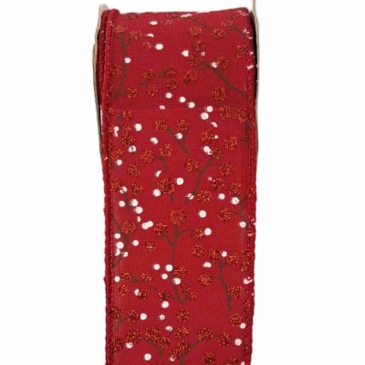 Stuha jutová s drátkem červená vánoční větvičky s bobulkami 9.1 m