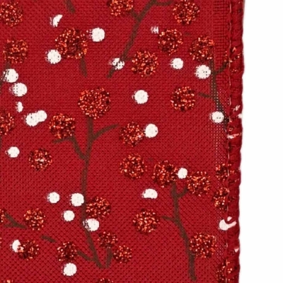 Stuha jutová s drátkem červená vánoční větvičky s bobulkami 9.1 m