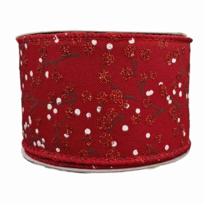 Stuha jutová s drátkem červená vánoční větvičky s bobulkami 9.1 m