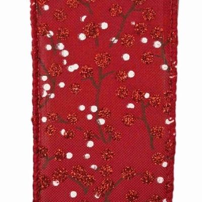 Stuha jutová s drátkem červená vánoční větvičky s bobulkami 9.1 m