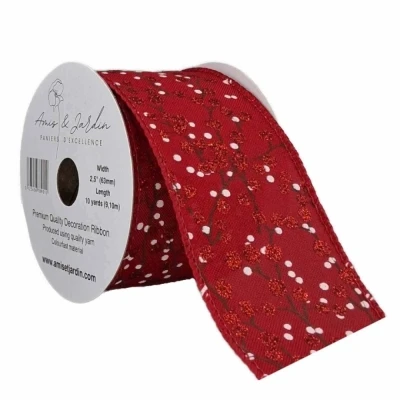 Stuha jutová s drátkem červená vánoční větvičky s bobulkami 9.1 m