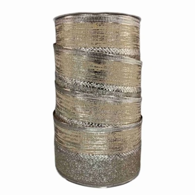 Stuha jutová s drátkem champagne vánoční pruhy 9.1 m