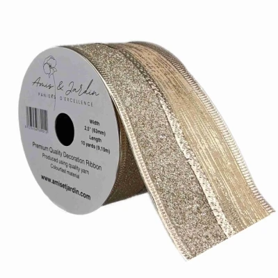 Stuha jutová s drátkem champagne vánoční pruhy 9.1 m