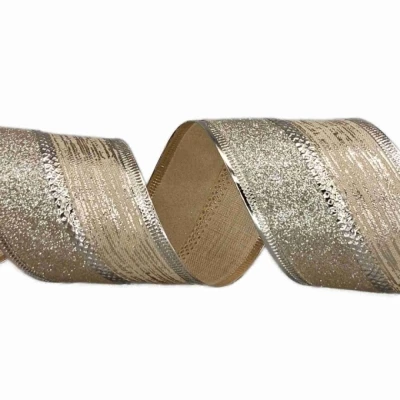 Stuha jutová s drátkem champagne vánoční pruhy 9.1 m
