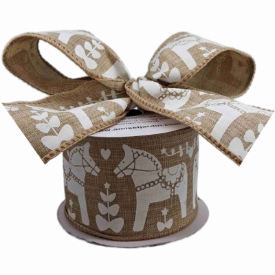 Stuha jutová s drátkem hnědá vánoční koně 9.1 m