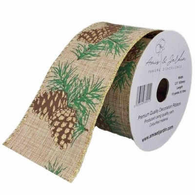 Stuha jutová s drátkem hnědá vánoční šišky 9.1 m