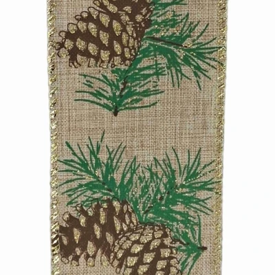 Stuha jutová s drátkem hnědá vánoční šišky 9.1 m