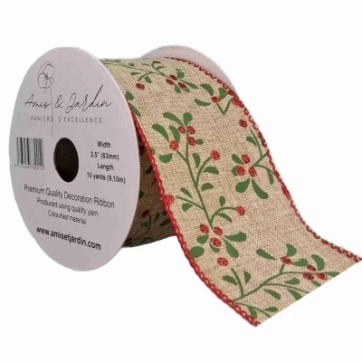 Stuha jutová s drátkem hnědá vánoční větvičky s bobulkami 9.1 m