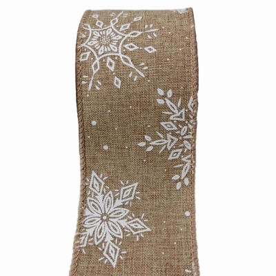 Stuha jutová s drátkem hnědá zimní sněhové vločky 9.1 m