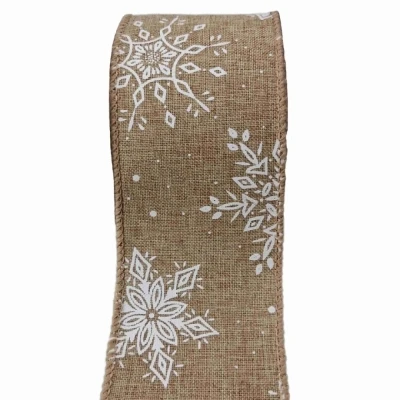 Stuha jutová s drátkem hnědá zimní sněhové vločky 9.1 m