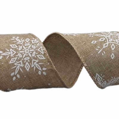 Stuha jutová s drátkem hnědá zimní sněhové vločky 9.1 m